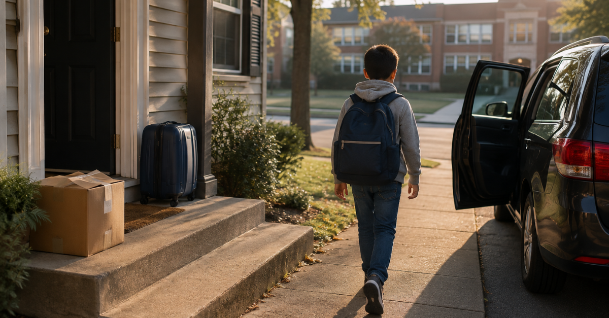 A boy with a backpack walking toward a car, with moving boxes by the front door